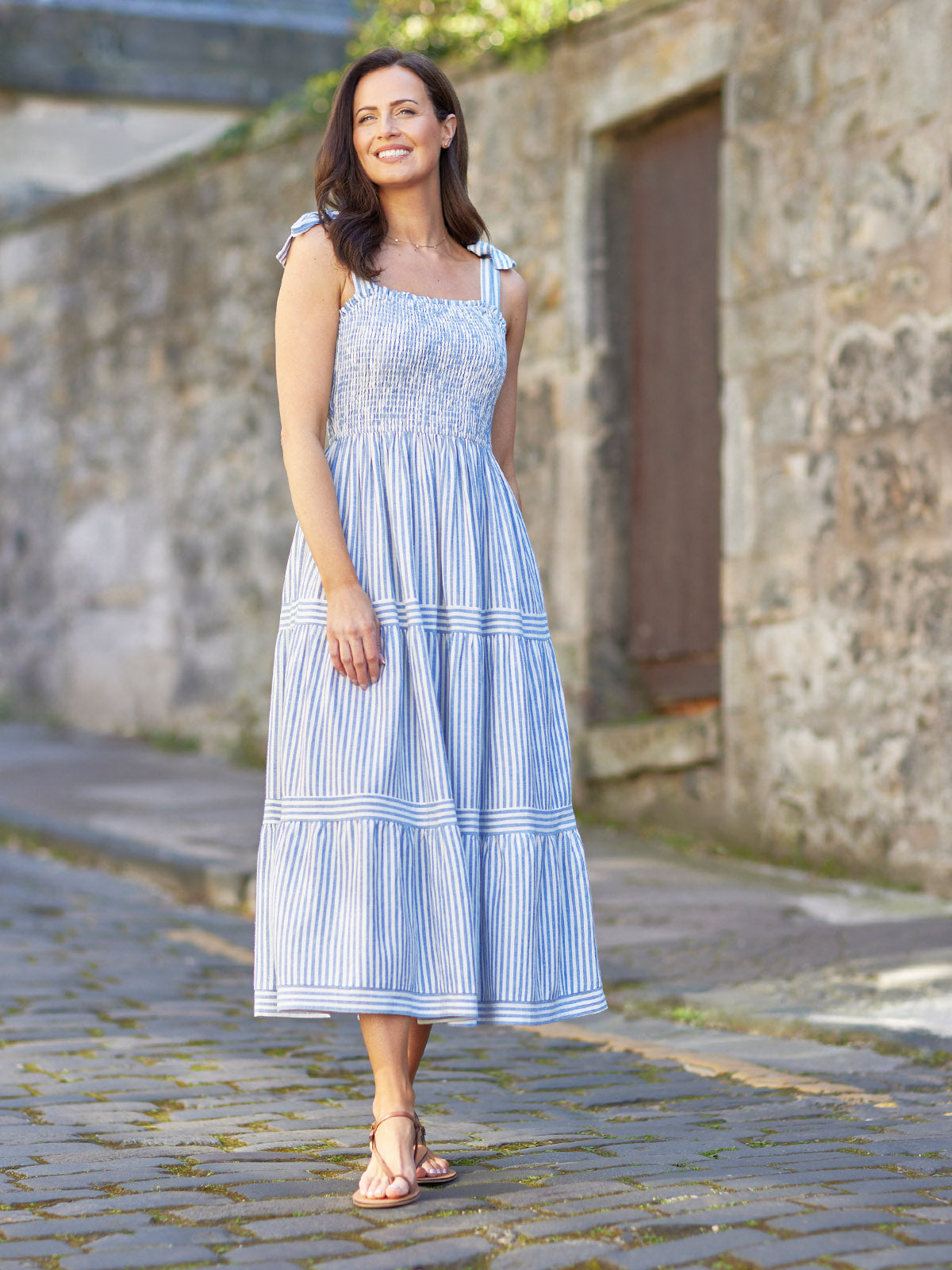 Vestido Joan de Tirantes Anudados - Rayas Azul y Blanco
