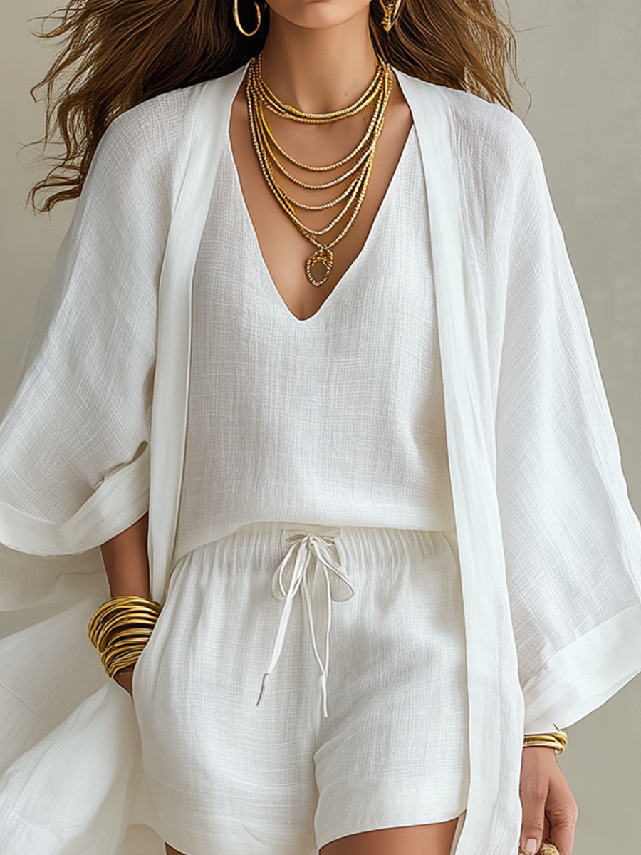 Ensemble Aria trois pièces en lin - Blanc - taille XL