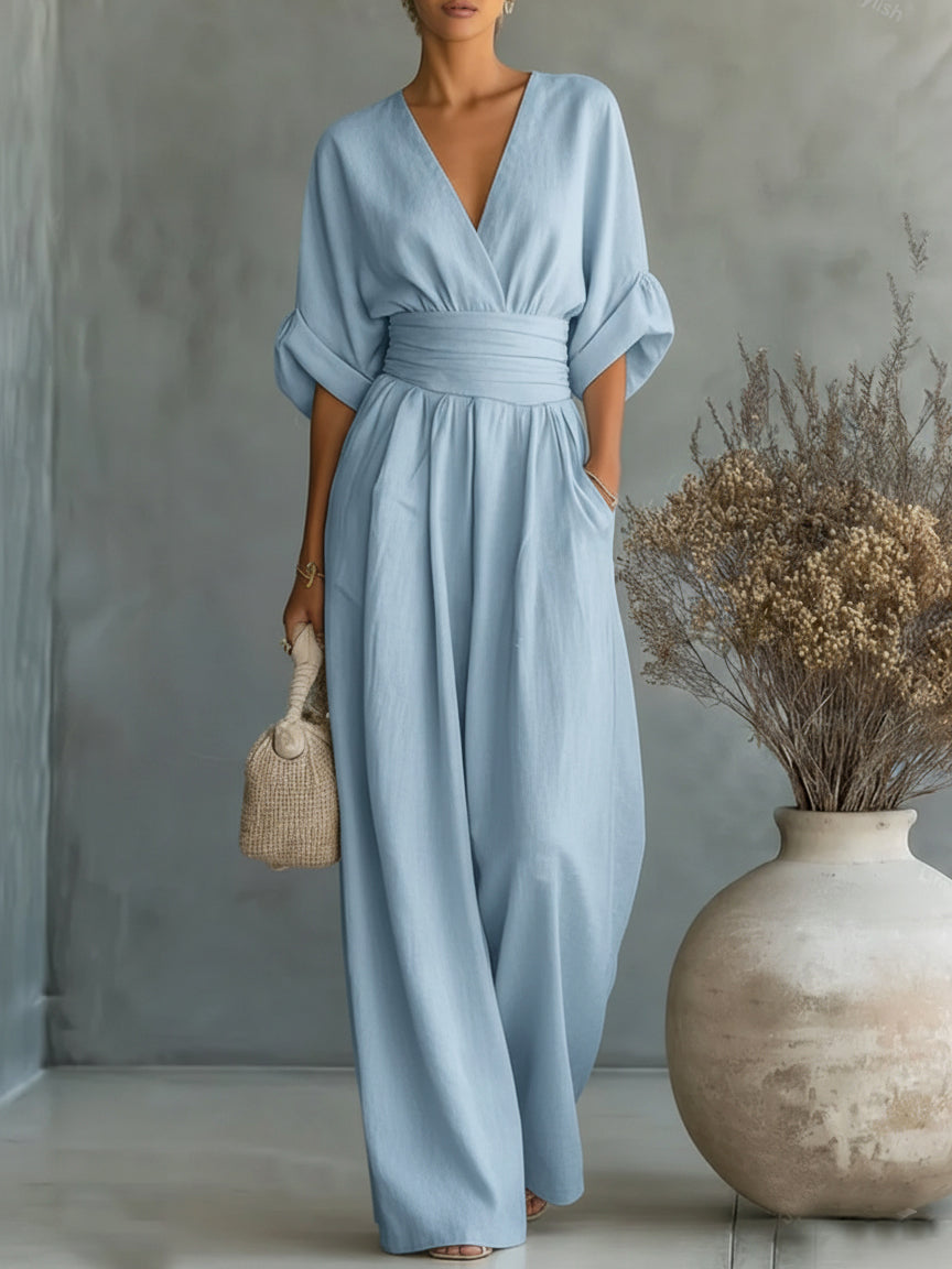 Amelia - Mono elegante con escote en V, cintura alta y pierna ancha