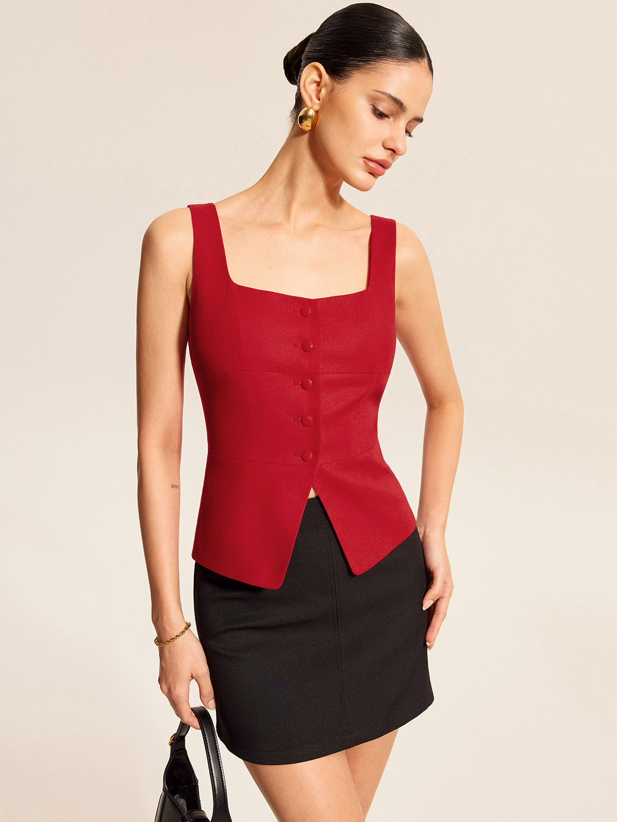 Top Chaleco Cuello Cuadrado de Algodón y Lino