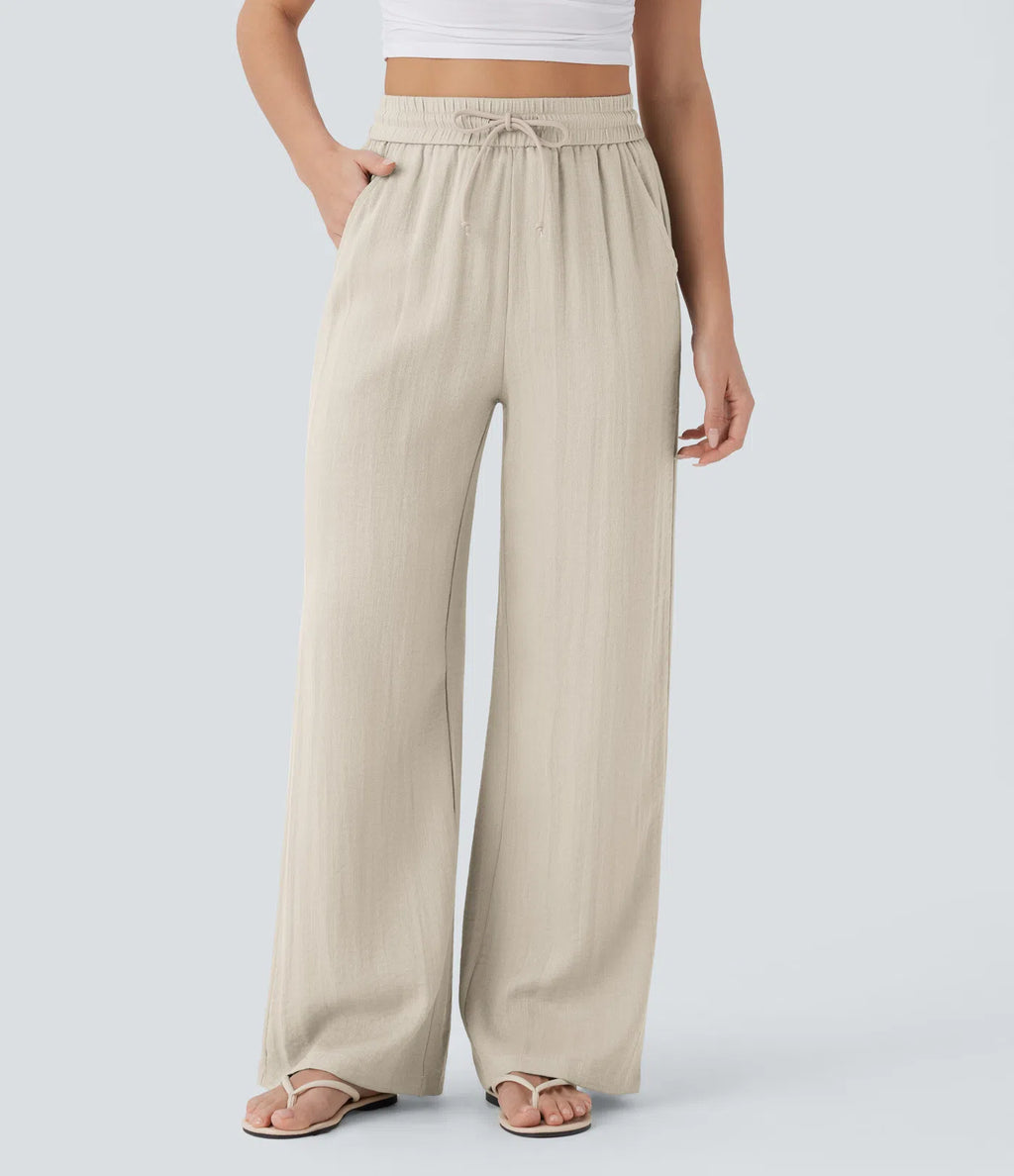 Pantalones Casuales de Cintura Alta in Cordón y Bolsillos