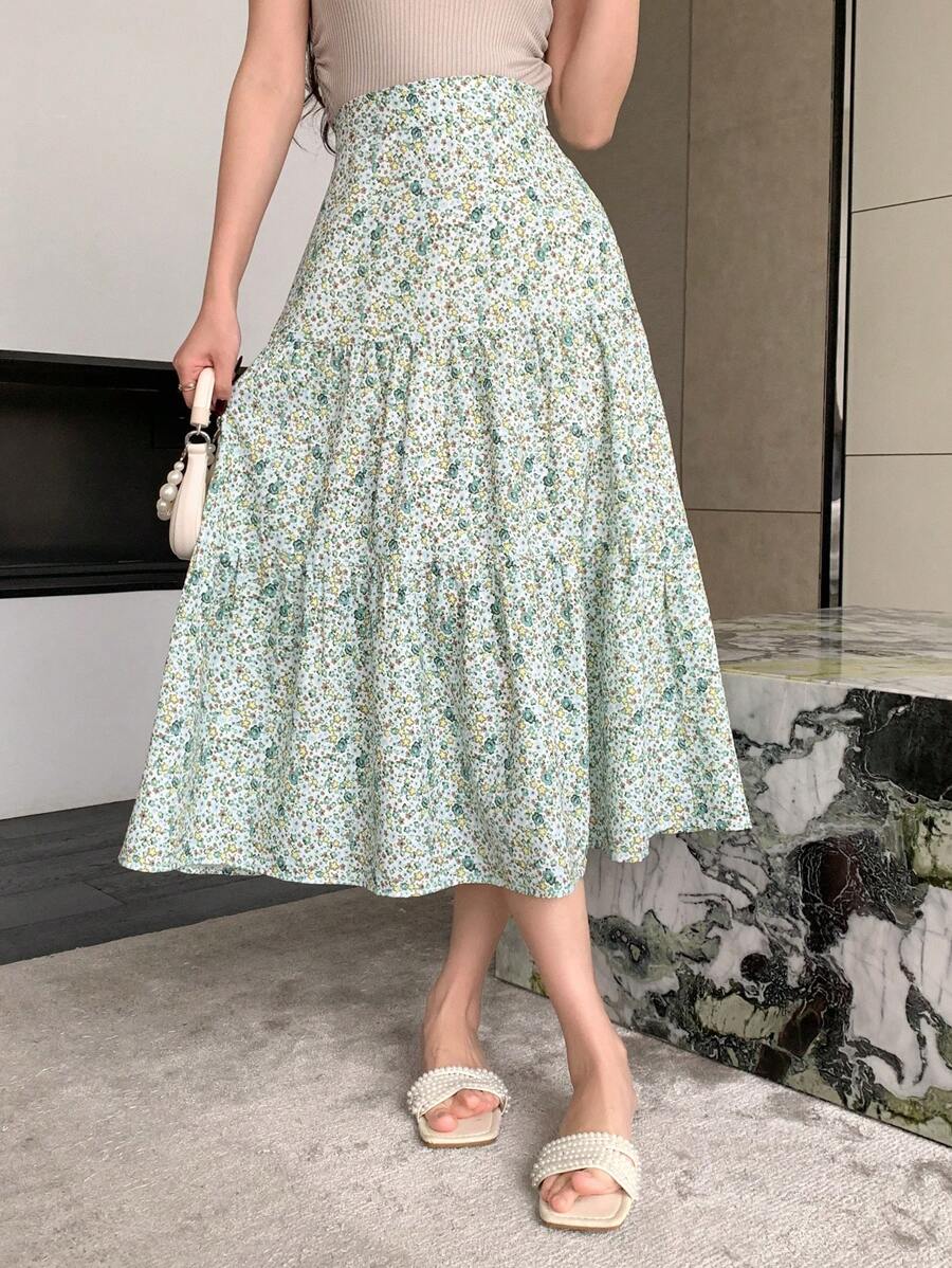 DAZY Falda con volantes y estampado floral diminuto