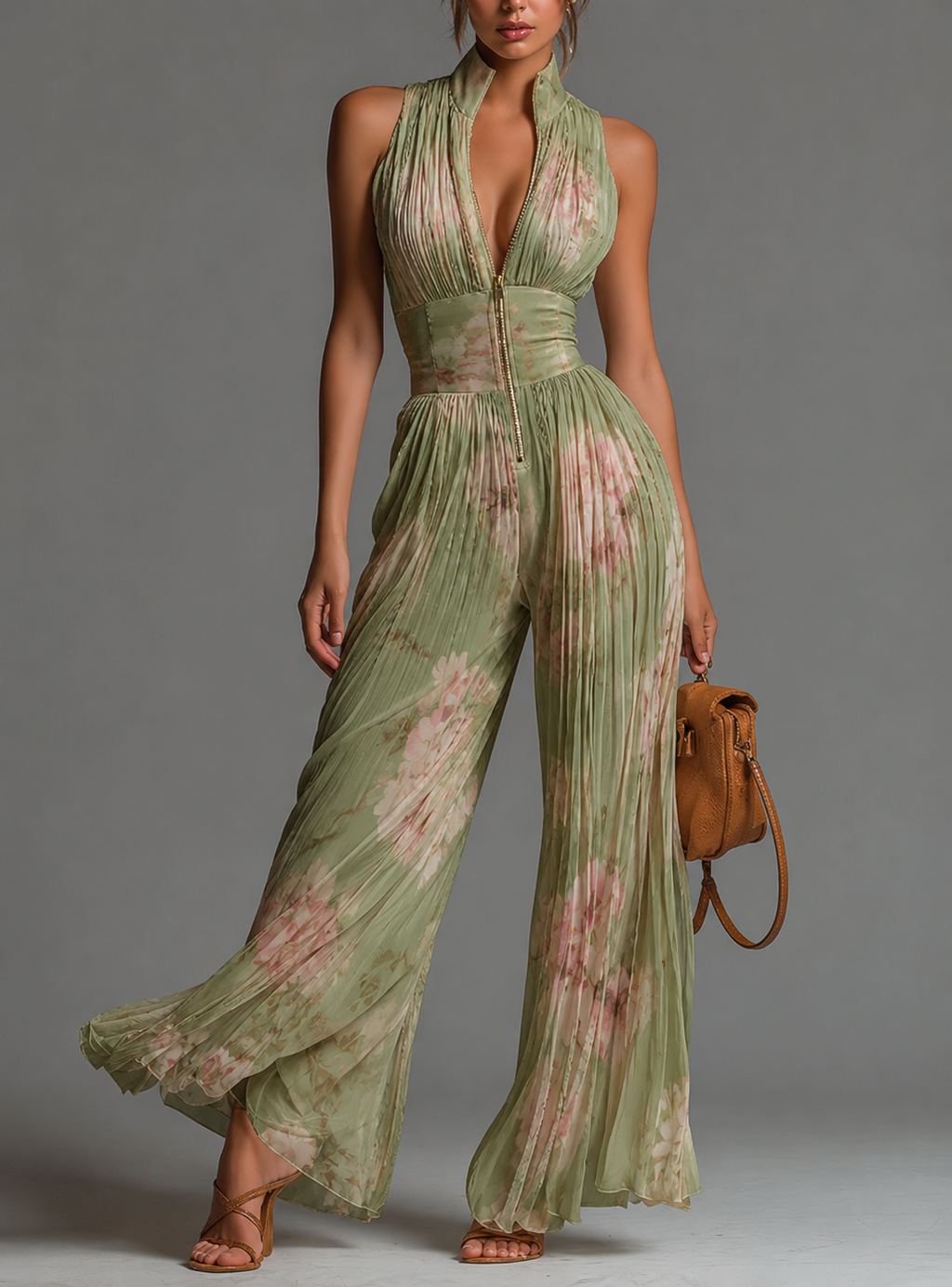 Valentina | Mono plisado de chifón verde salvia floral con mangas kimono