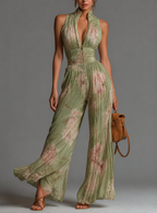 Valentina | Mono plisado de chifón verde salvia floral con mangas kimono