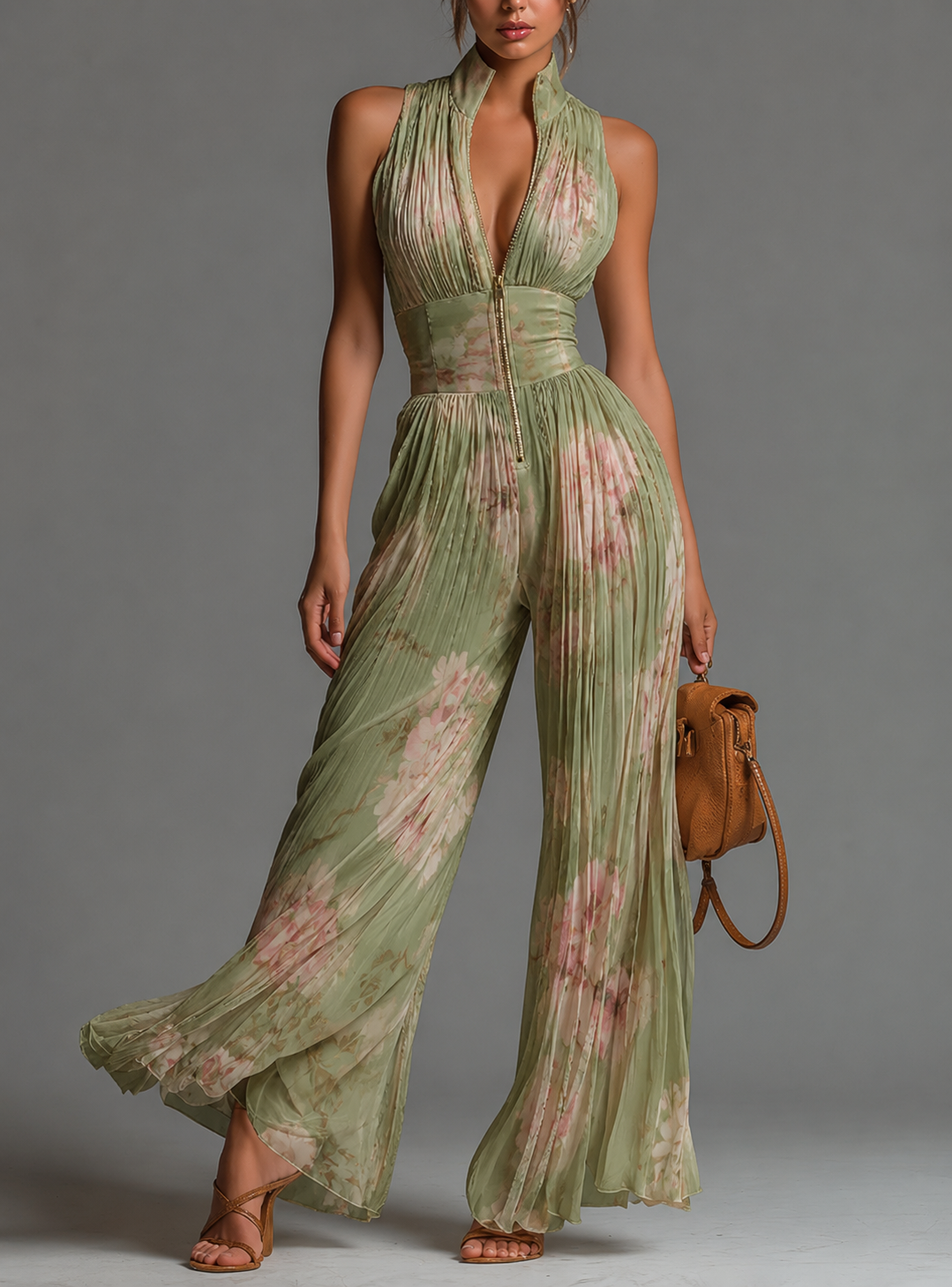 Valentina | Mono plisado de chifón verde salvia floral con mangas kimono