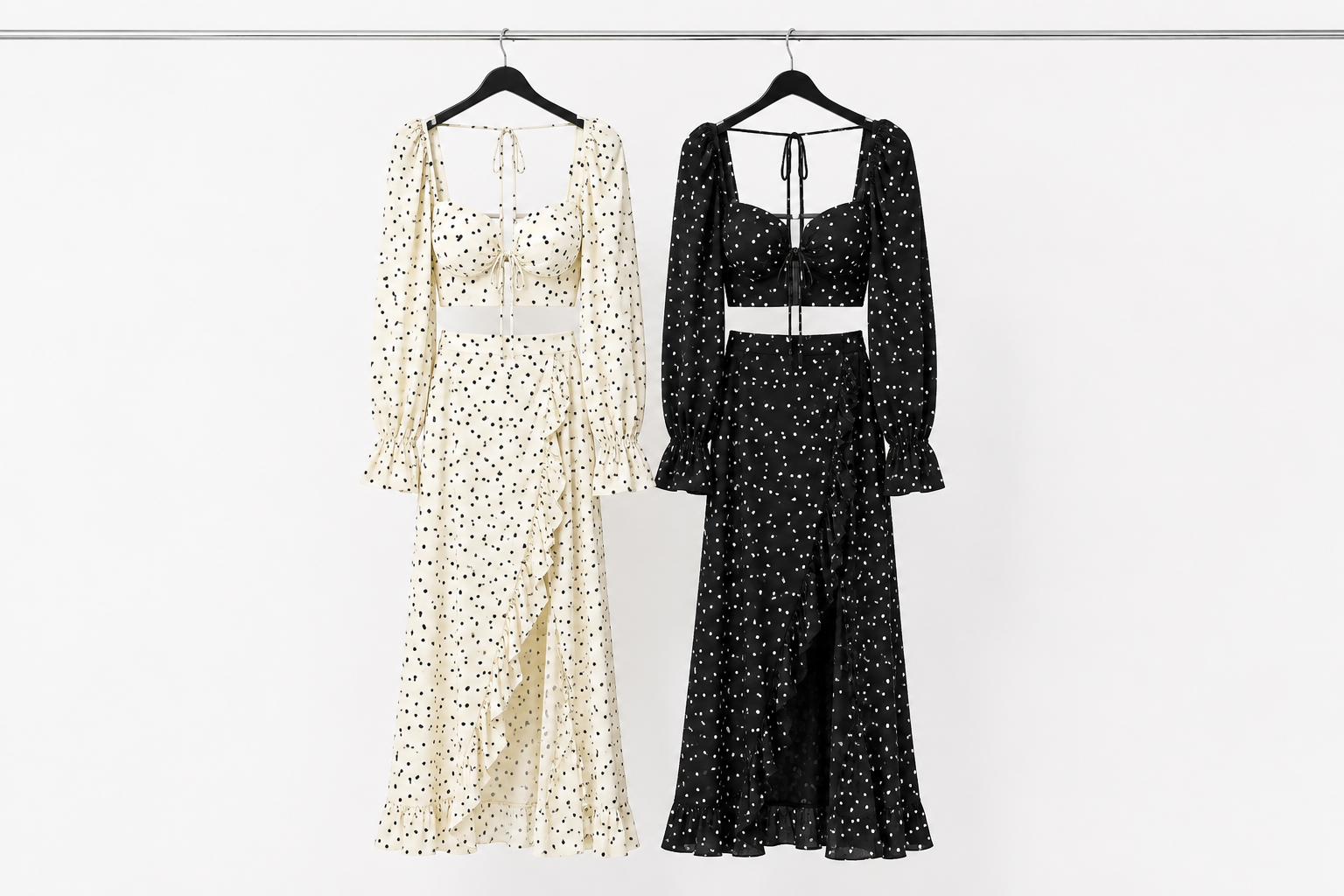 Ensemble Deux Pièces à Pois avec Top Froncé et Jupe Maxi à Volants