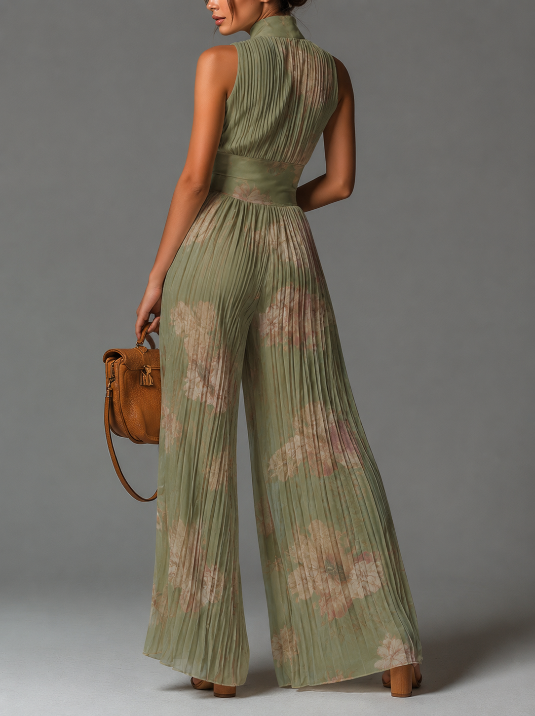 Valentina | Mono plisado de chifón verde salvia floral con mangas kimono