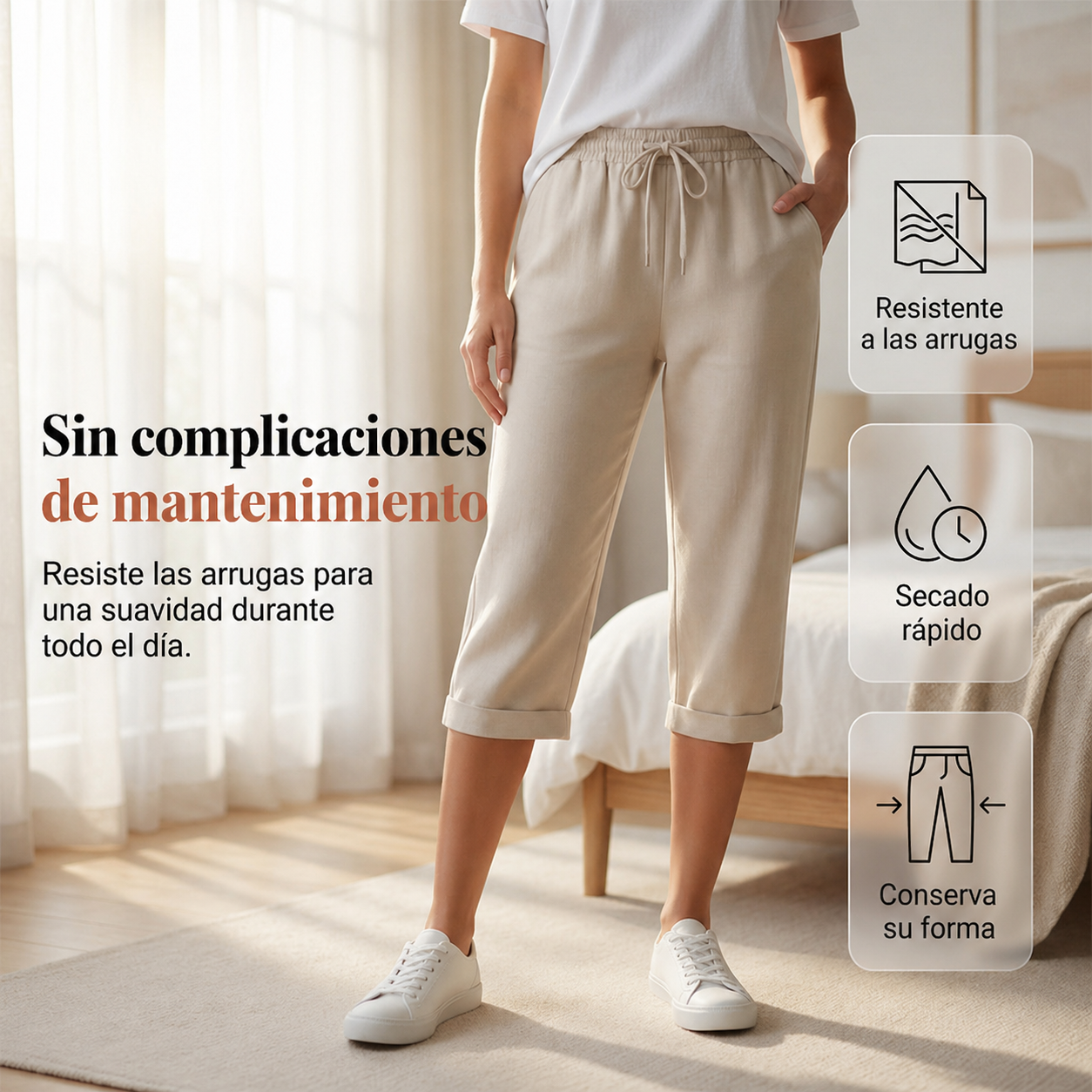 Pantalón capri casual de algodón y lino para mujer