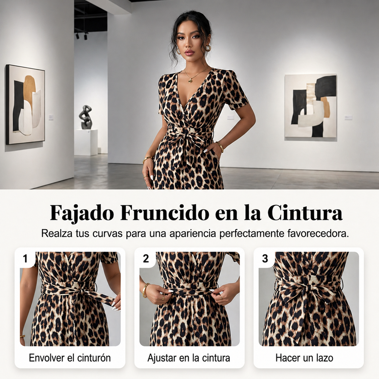 Mono cuello en V y pernera ancha, estampado leopardo