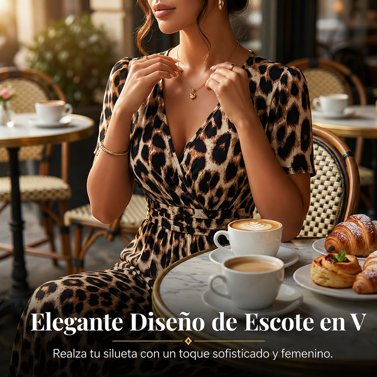 Mono cuello en V y pernera ancha, estampado leopardo