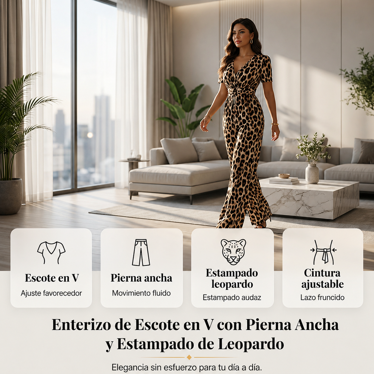 Mono cuello en V y pernera ancha, estampado leopardo