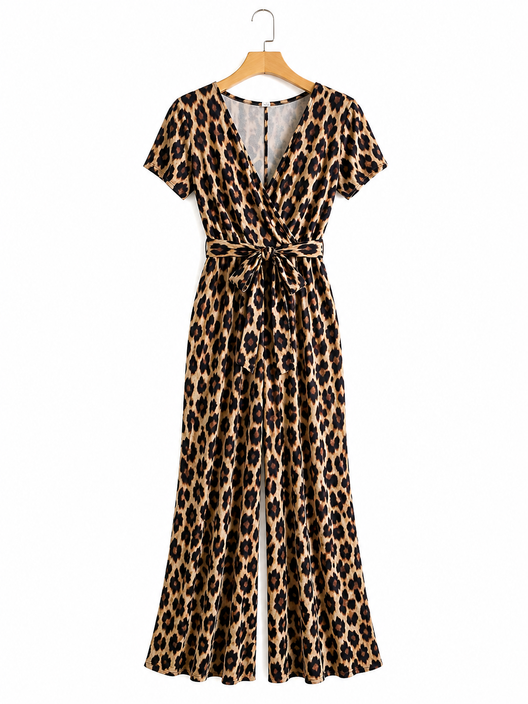 Mono cuello en V y pernera ancha, estampado leopardo