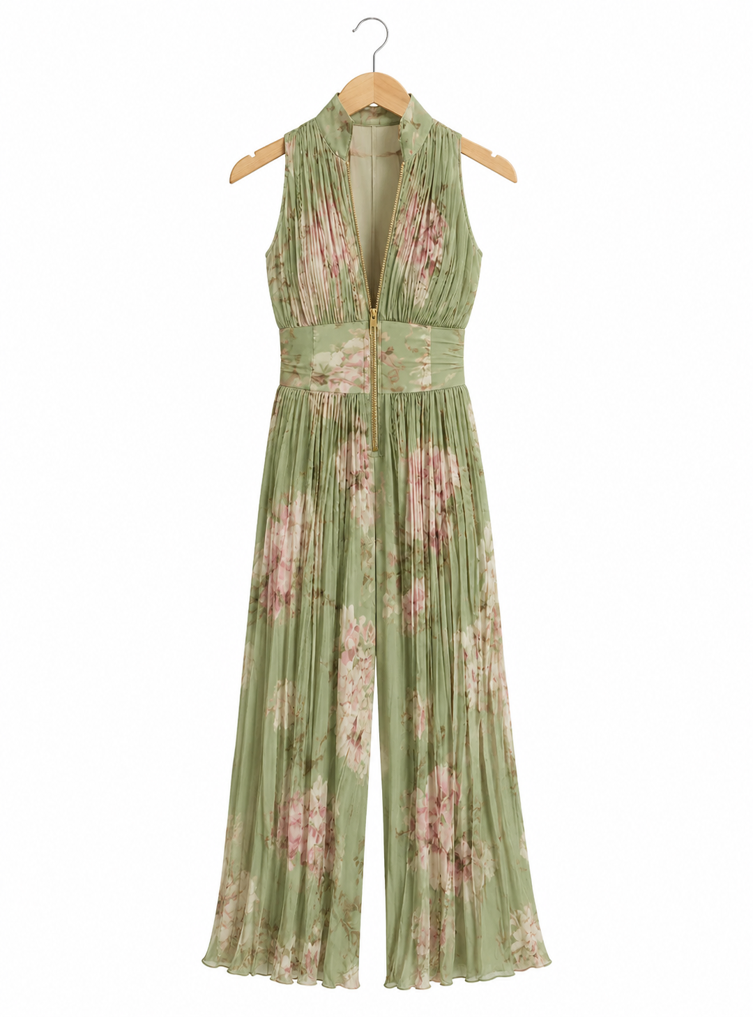 Valentina | Mono plisado de chifón verde salvia floral con mangas kimono