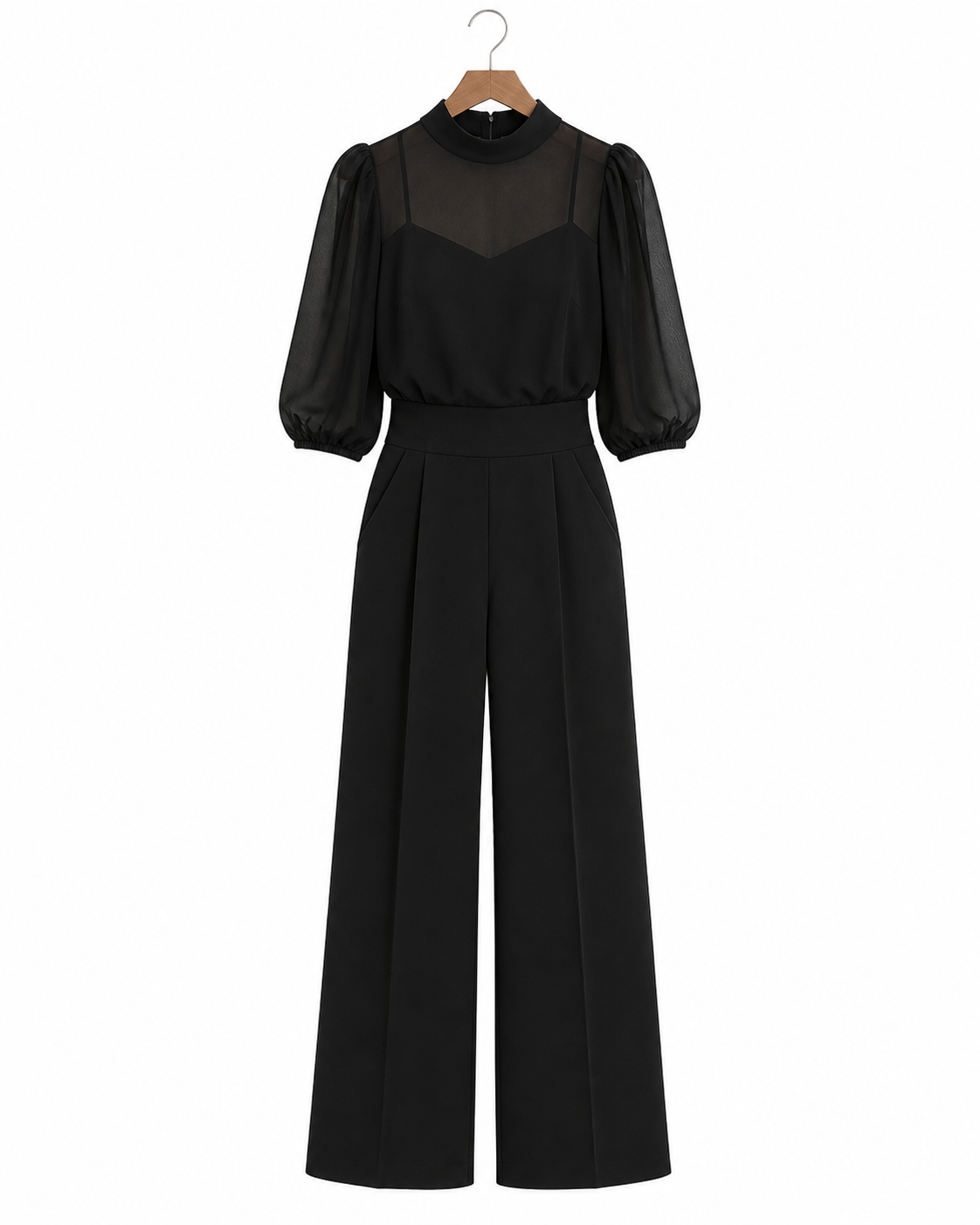 Conjunto Valentina |  negro,top camisola transparente y pantalón de pierna ancha