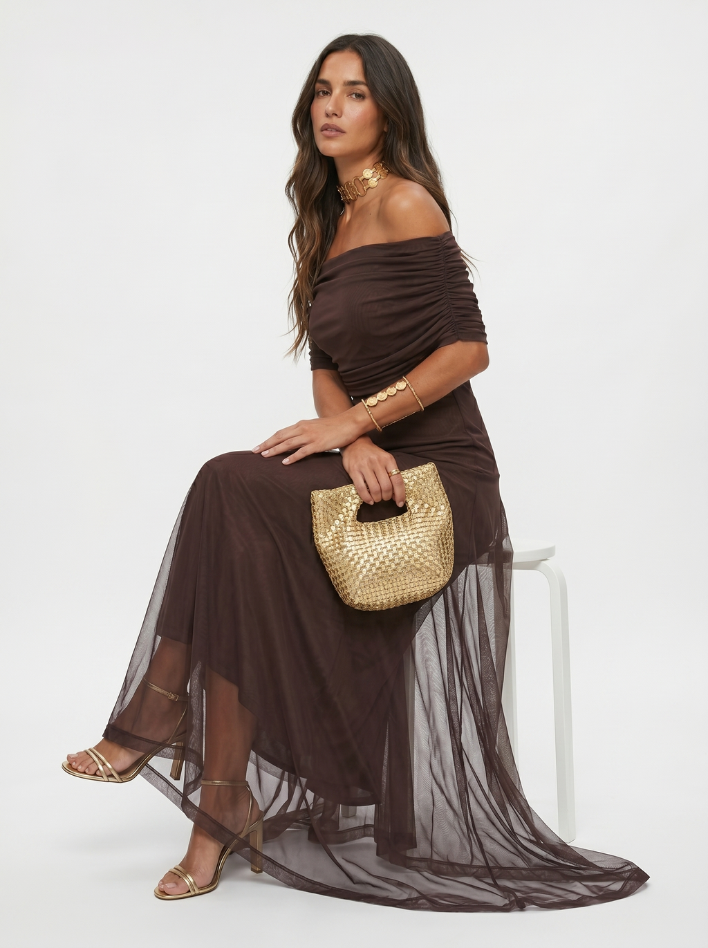 Robe longue Carla à épaules dénudées - Marron foncé - 2XL