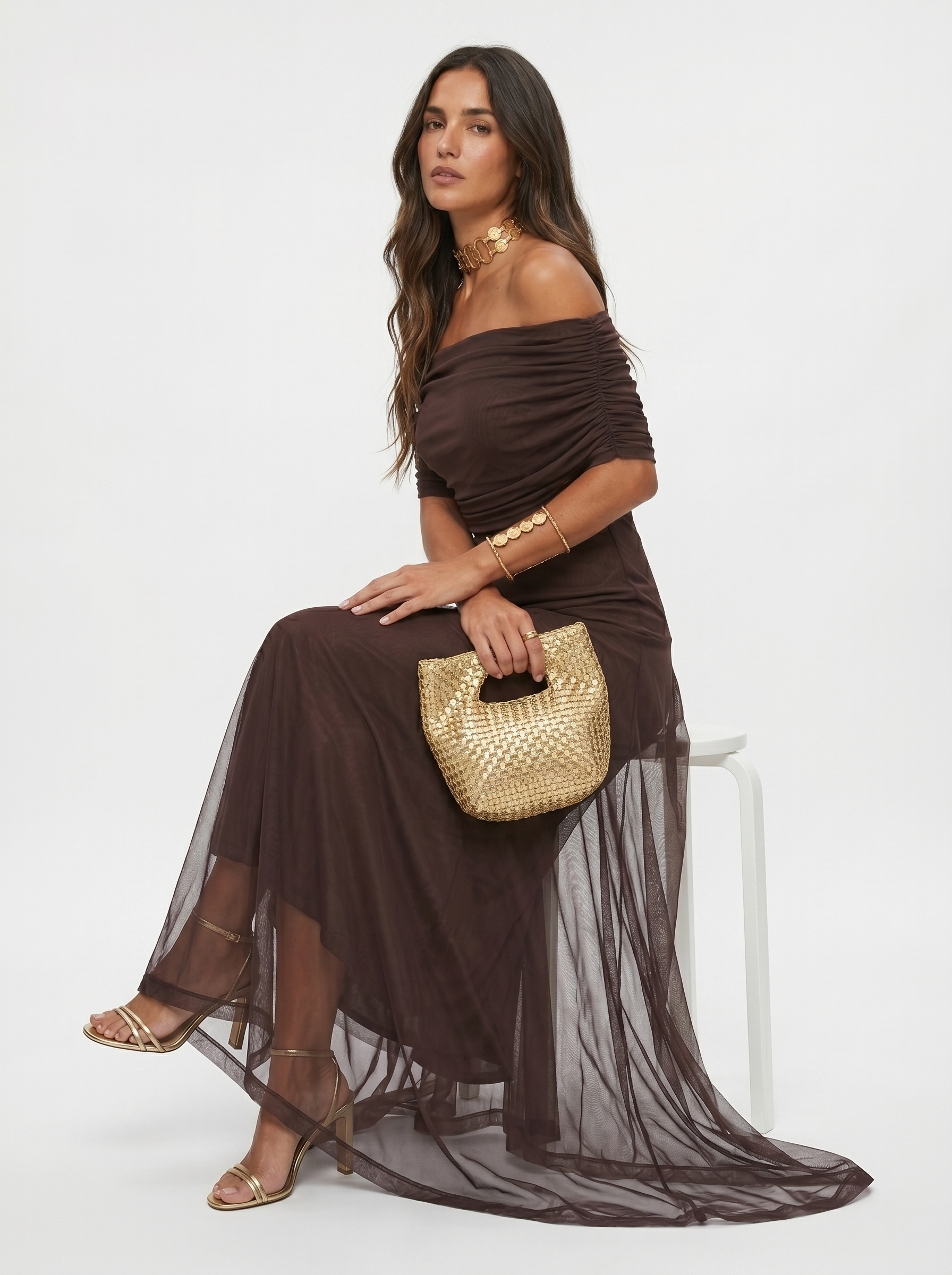 Robe longue Carla à épaules dénudées - Marron foncé - 2XL
