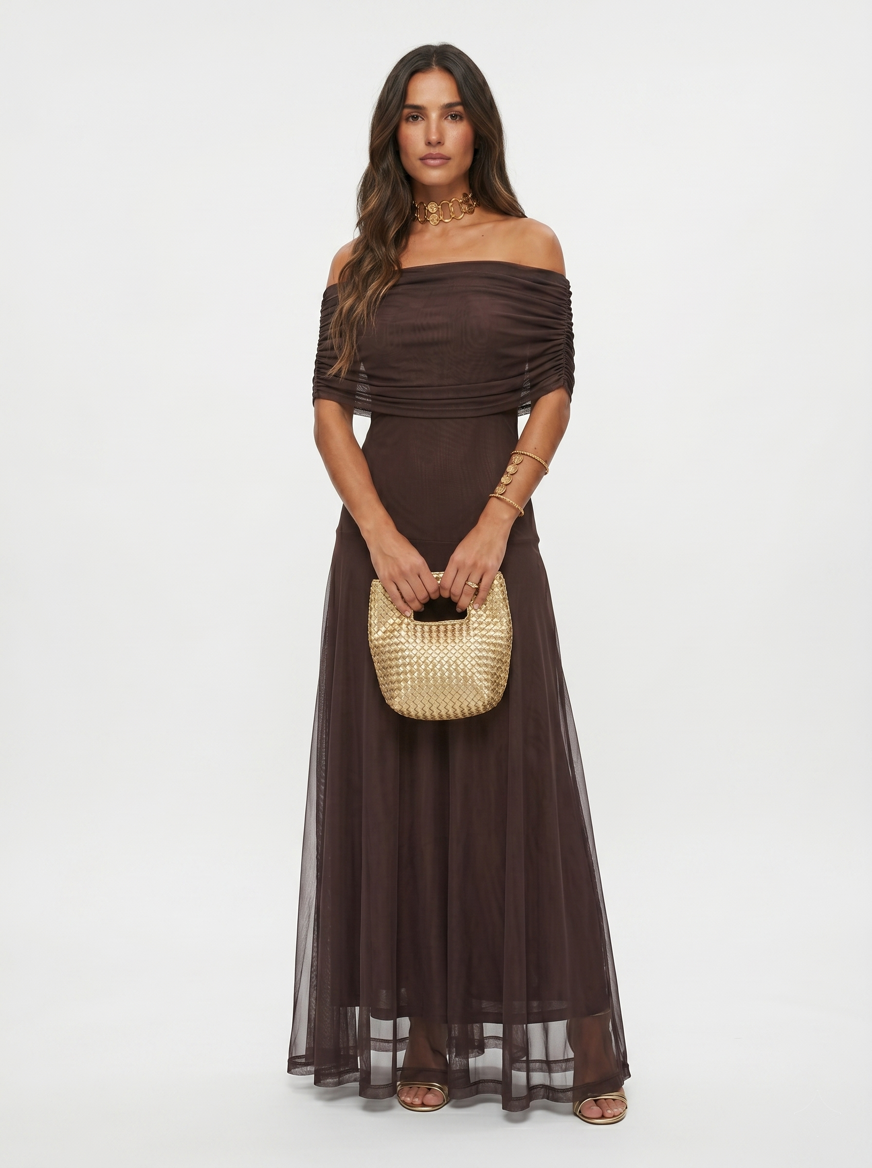 Robe longue Carla à épaules dénudées - Marron foncé - L