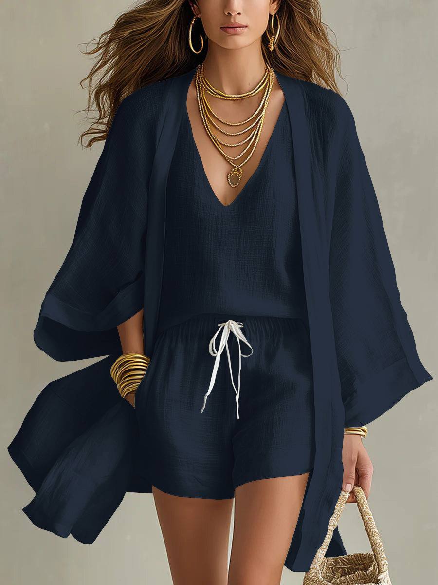 Ensemble Aria trois pièces en lin - Bleu marine - taille XS