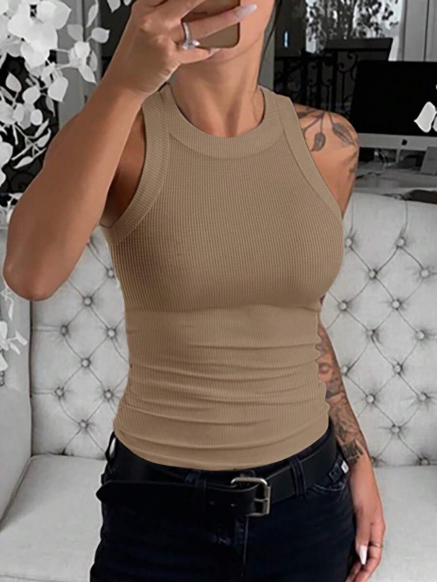 Camiseta sin mangas de cuello redondo acanalada para mujer ChicMe