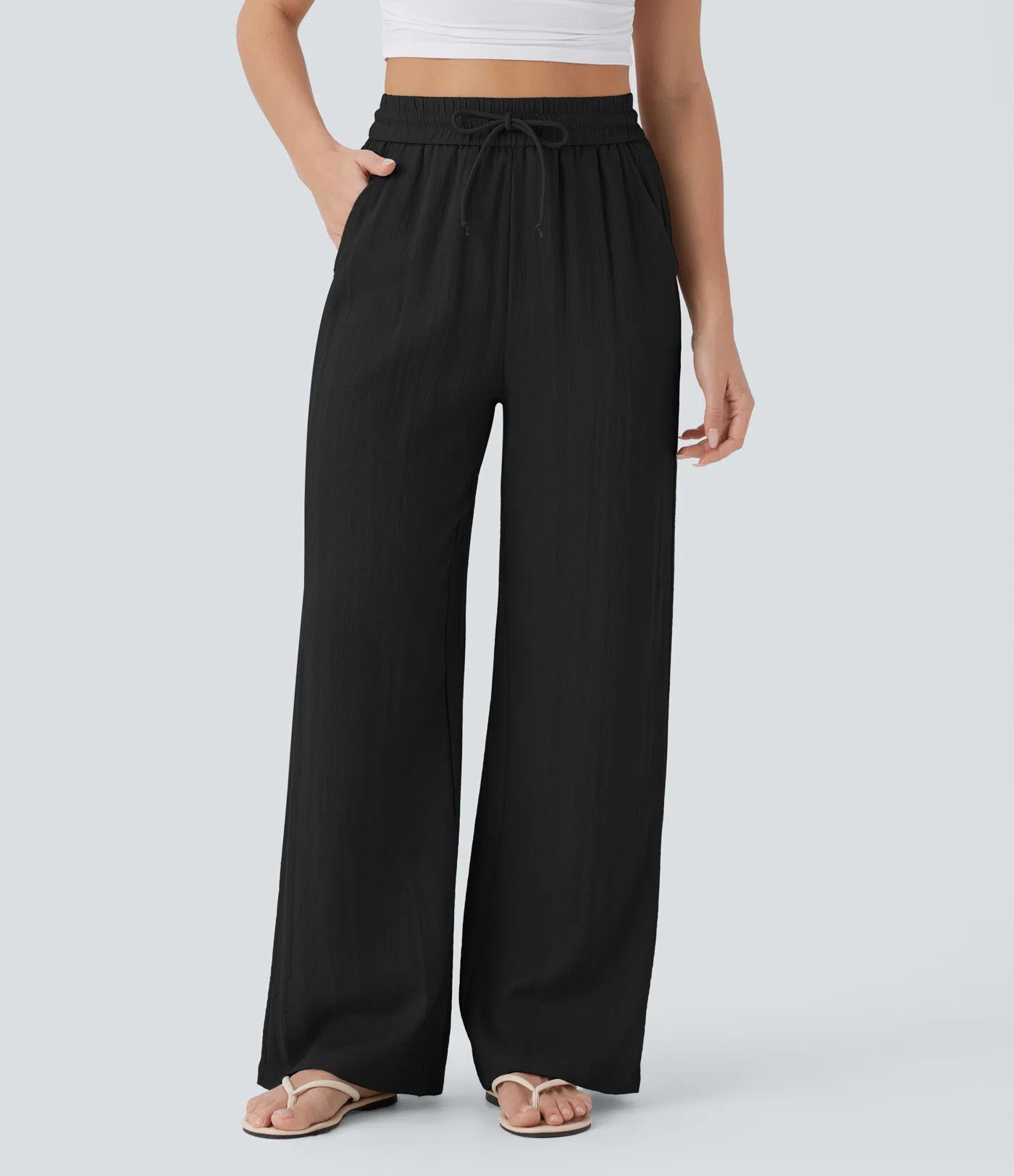 Pantalones Casuales de Cintura Alta in Cordón y Bolsillos
