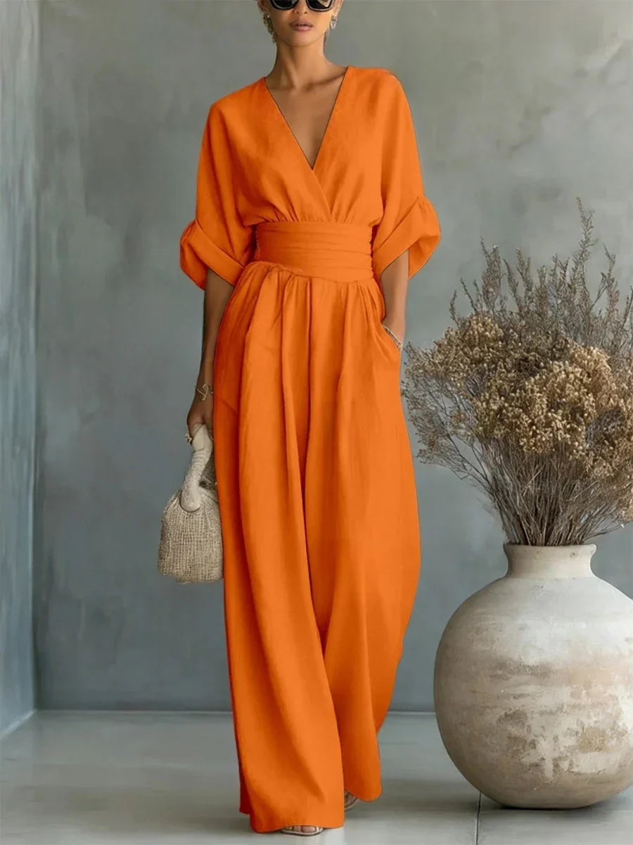 Amelia - Mono elegante con escote en V, cintura alta y pierna ancha