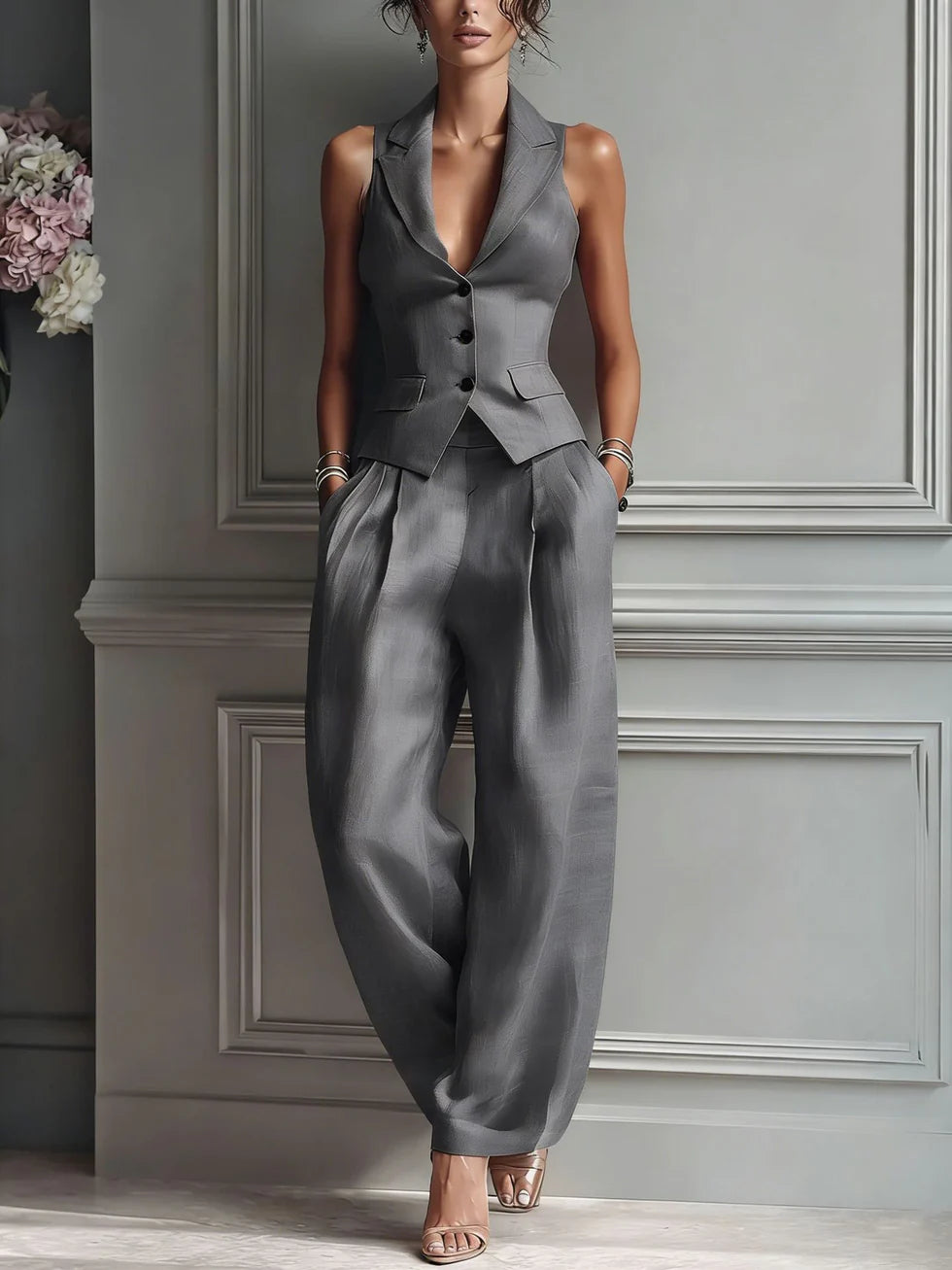 ANA- Conjunto de dos piezas para mujer con cuello en V y botones