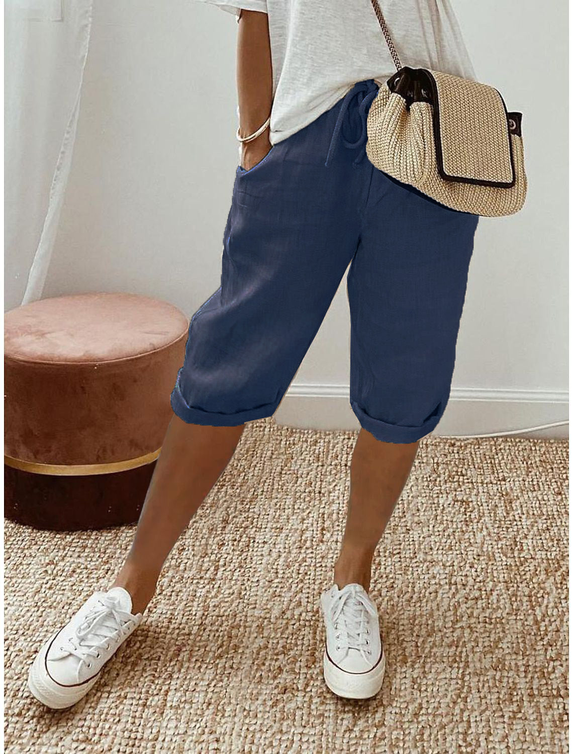 Pantalón capri casual de algodón y lino para mujer