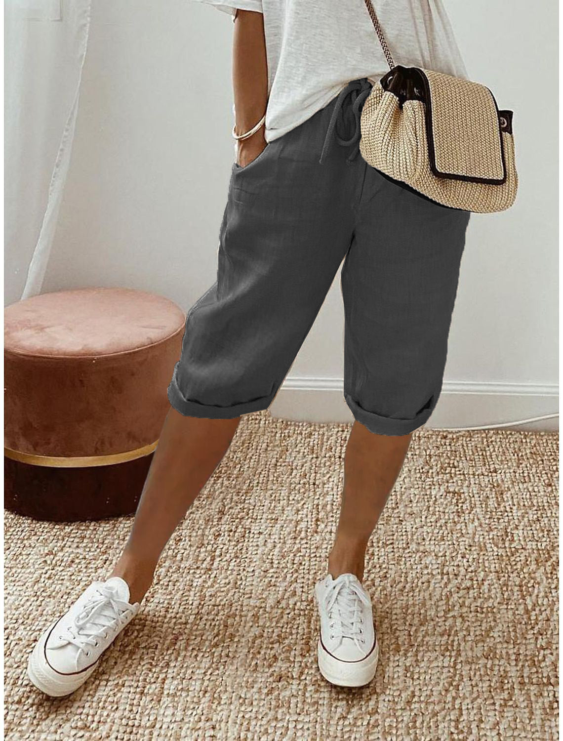 Pantalón capri casual de algodón y lino para mujer
