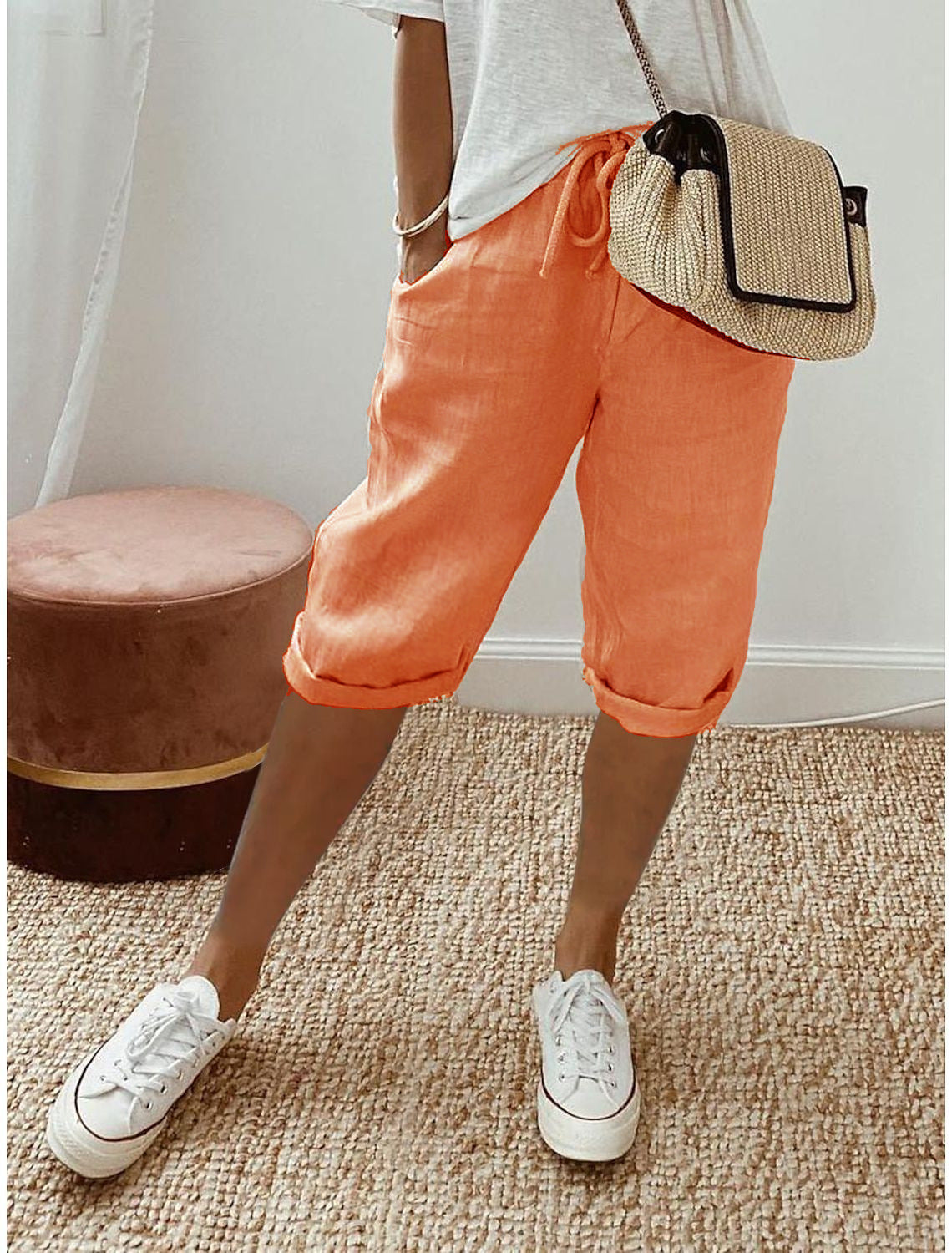 Pantalón capri casual de algodón y lino para mujer