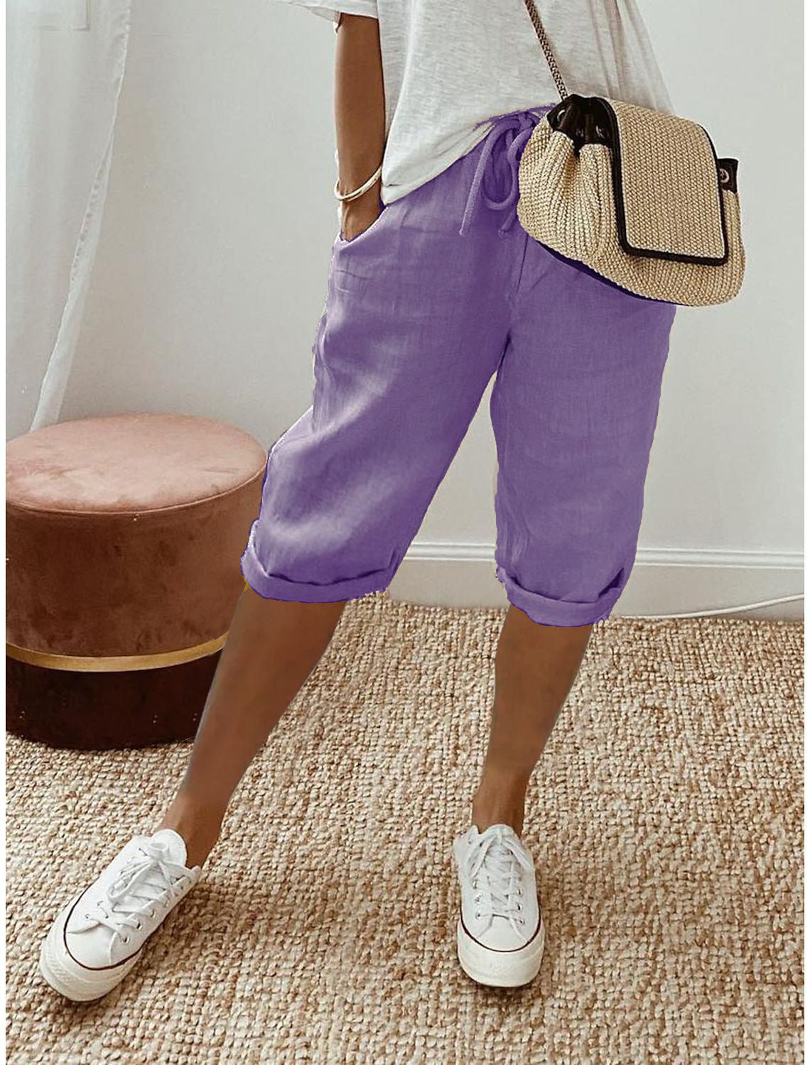 Pantalón capri casual de algodón y lino para mujer