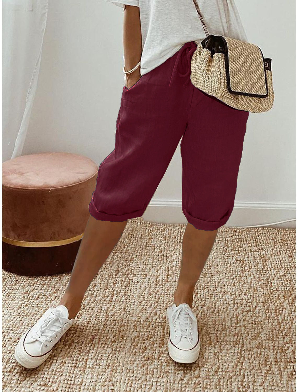 Pantalón capri casual de algodón y lino para mujer