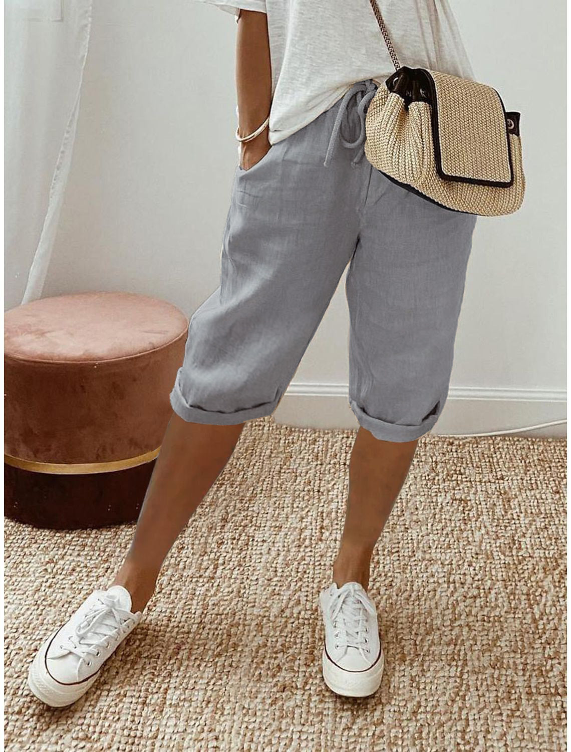 Pantalón capri casual de algodón y lino para mujer