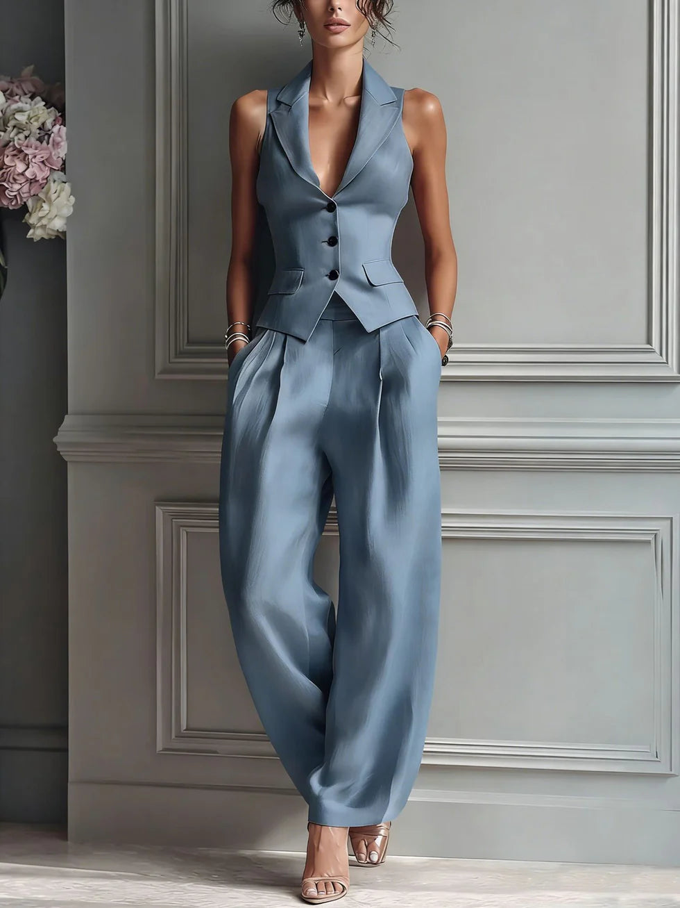 ANA- Conjunto de dos piezas para mujer con cuello en V y botones