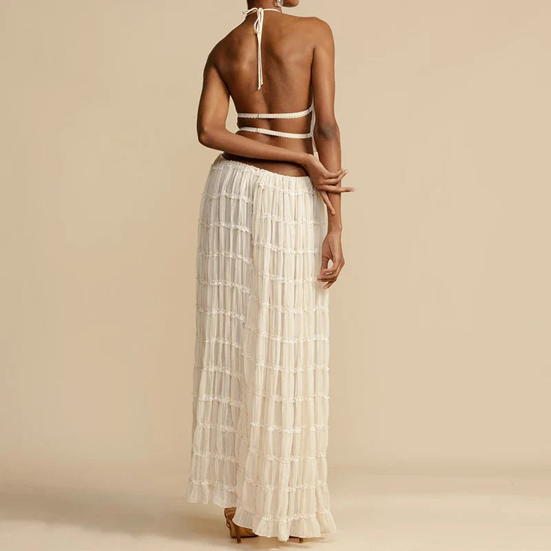 Conjunto Capri — Set de dos piezas con top halter y falda larga de tul - Melocotón, talla M