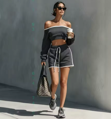 SARAH - Conjunto Deportivo Negro con Ribete Blanco – Top y Pantalones Cortos a Juego