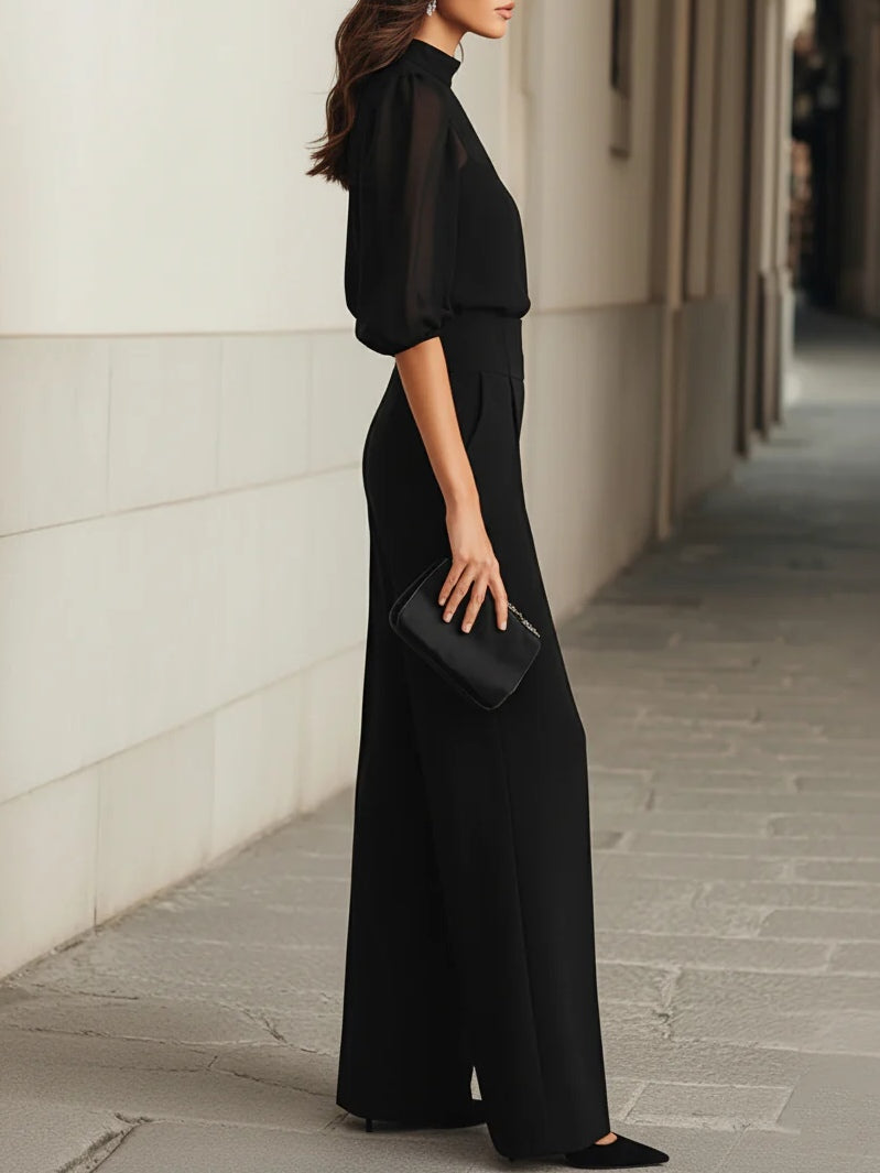 Conjunto Valentina de tres piezas en negro: top camisola transparente y pantalón de pierna ancha