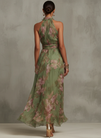 Robe longue en mousseline fleurie verte avec décolleté dos nu - taille S