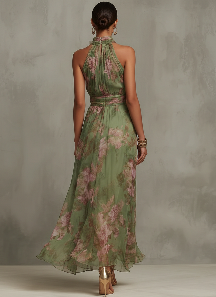 Robe longue en mousseline fleurie verte avec décolleté dos nu - taille S