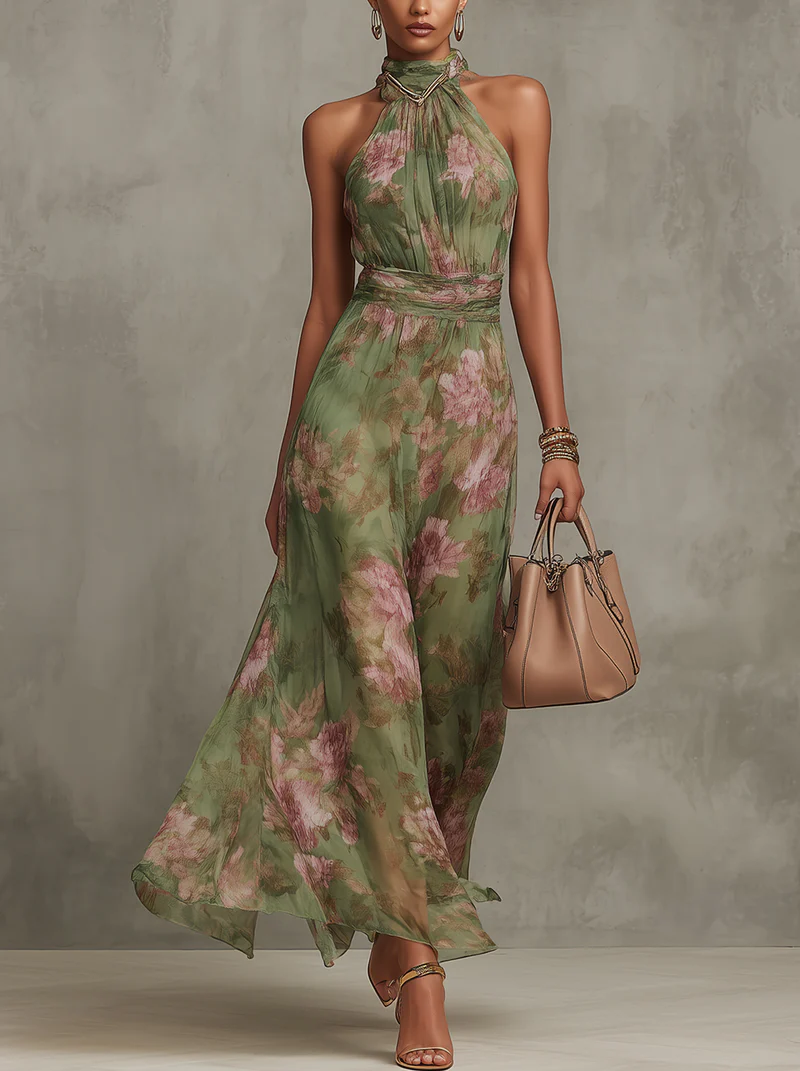 Robe longue en mousseline fleurie verte avec décolleté dos nu - taille XS