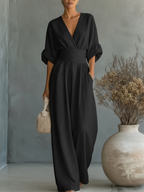Amelia - Mono elegante con escote en V, cintura alta y pierna ancha