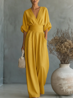 Amelia - Mono elegante con escote en V, cintura alta y pierna ancha