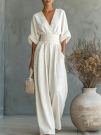 Amelia - Mono elegante con escote en V, cintura alta y pierna ancha