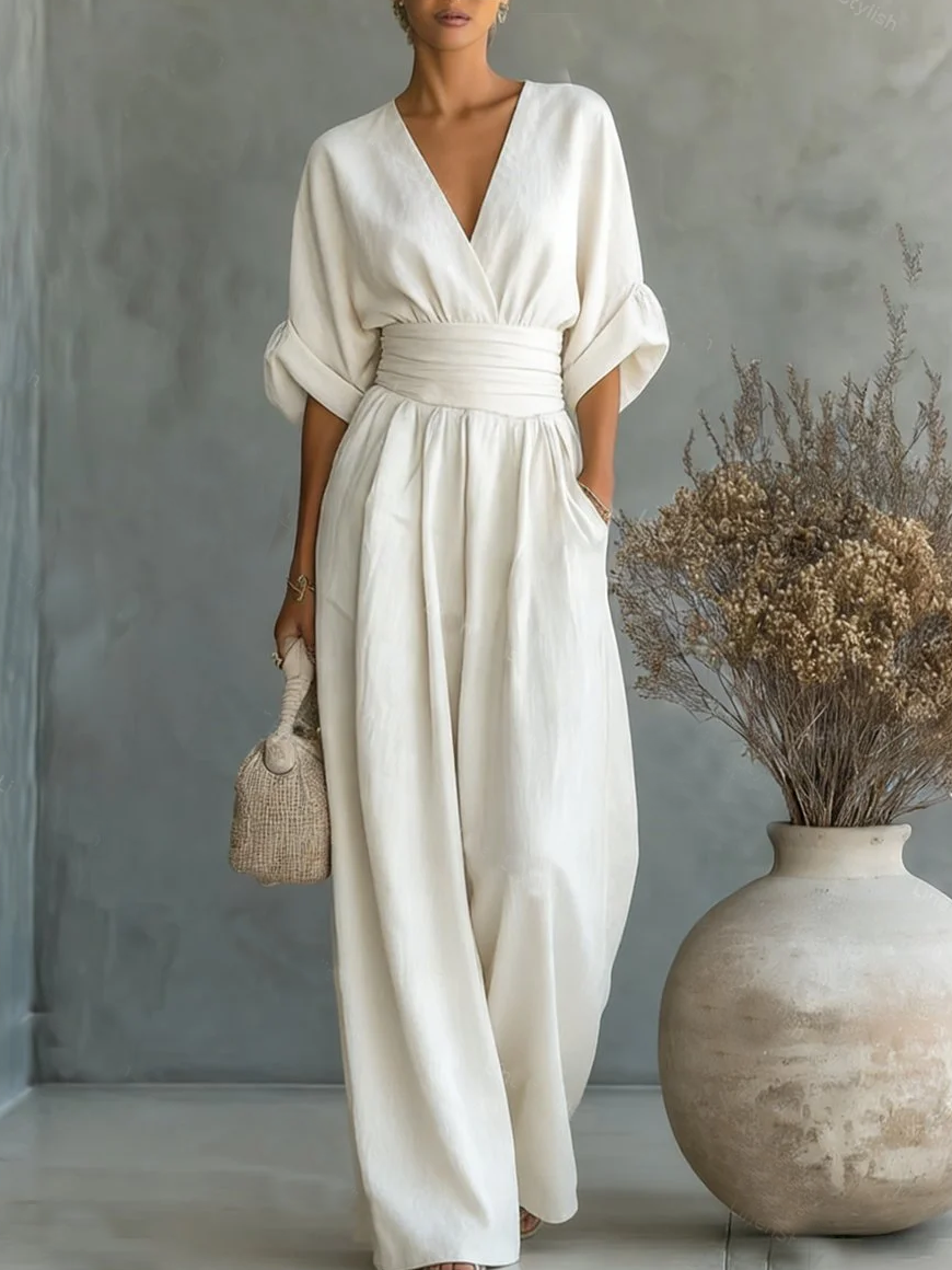 Amelia - Mono elegante con escote en V, cintura alta y pierna ancha