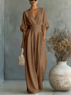 Amelia - Mono elegante con escote en V, cintura alta y pierna ancha