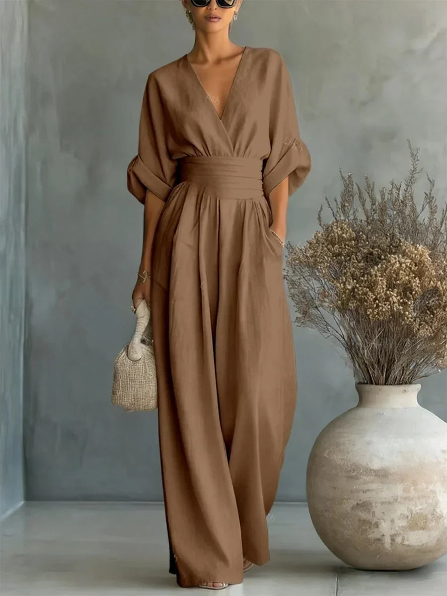 Amelia - Mono elegante con escote en V, cintura alta y pierna ancha