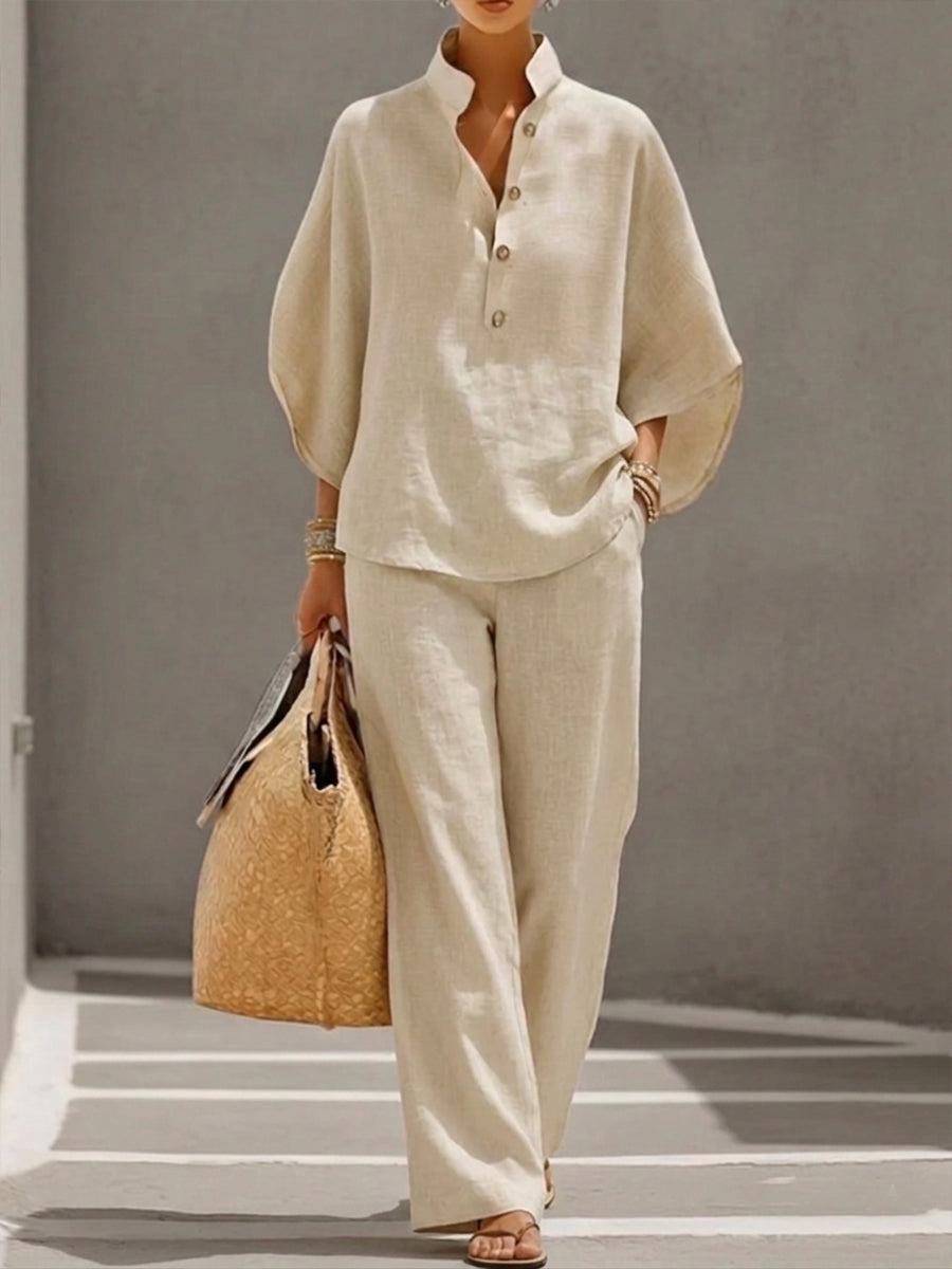 Mariel | Conjunto Algodón Lino Mangas Murciélago Pantalón Ancho