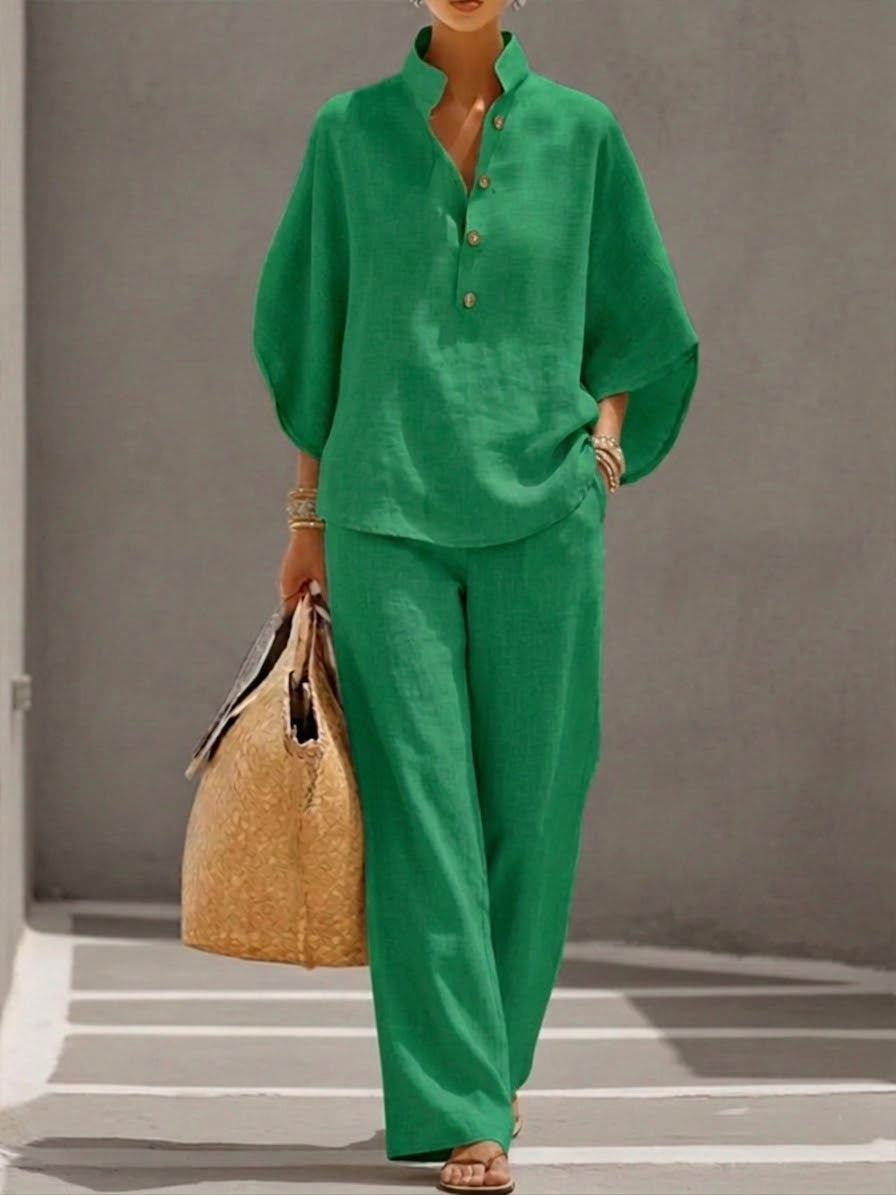 Mariel | Conjunto Algodón Lino Mangas Murciélago Pantalón Ancho