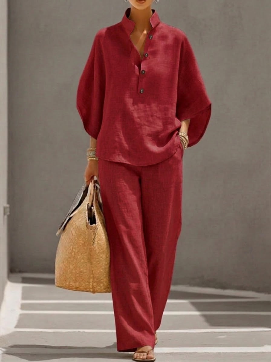 Mariel | Conjunto Algodón Lino Mangas Murciélago Pantalón Ancho