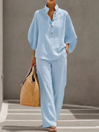 Mariel | Conjunto Algodón Lino Mangas Murciélago Pantalón Ancho