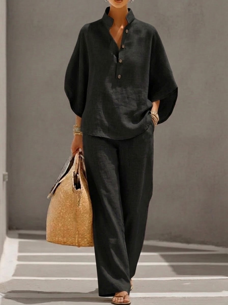 Mariel | Conjunto Algodón Lino Mangas Murciélago Pantalón Ancho